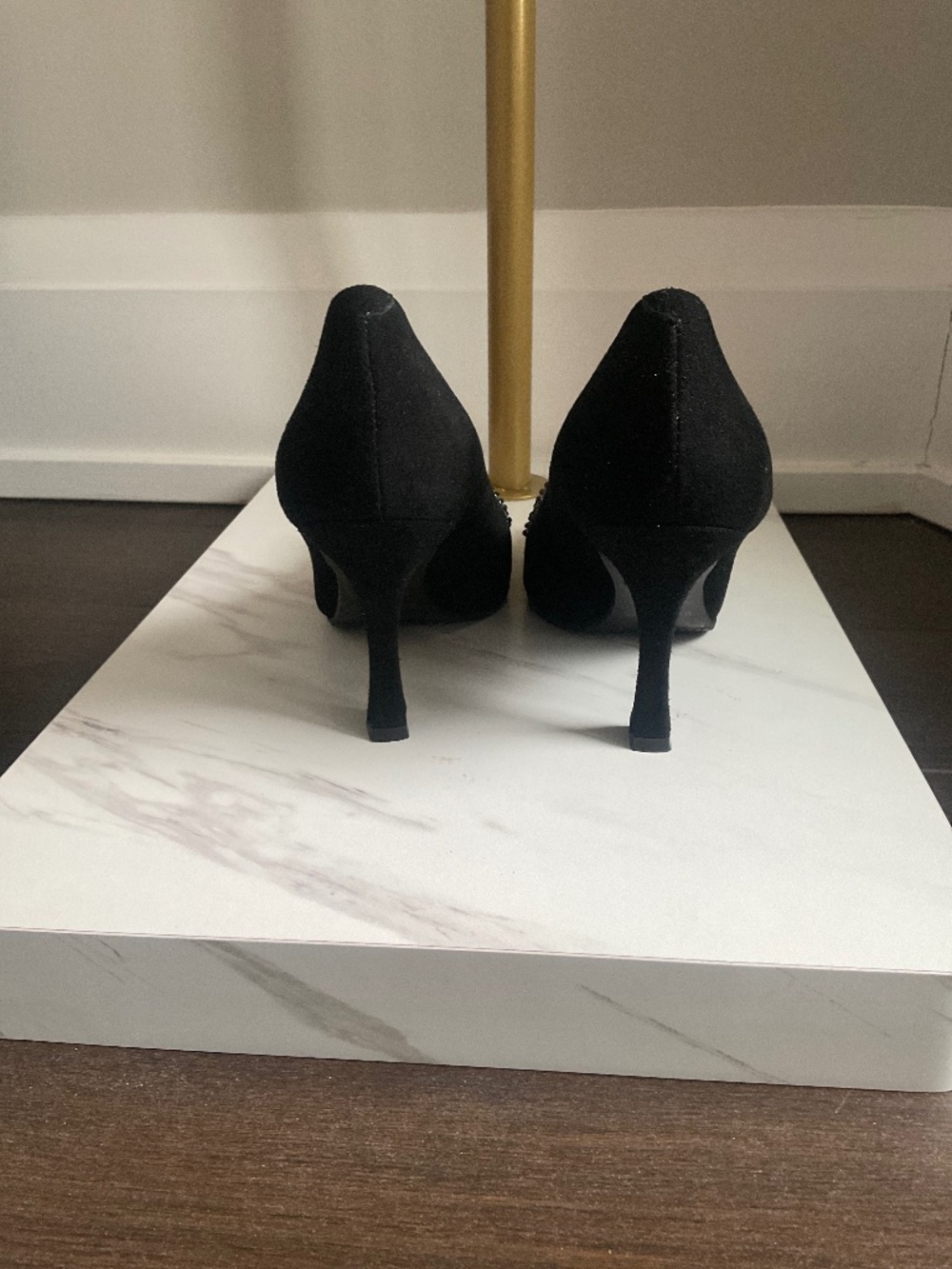 Ron White Black Suede Heels w/ Stone Flower Rope Detail - Picture 4 of 5